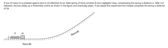 A box of mass m is pressed against (but is not attached to) an ideal spring of force constant k and negligible mass, compressing the spring a distance z. After it is released, the box slides up a frictionless incline as shown in the figure and eventually stops. If we repeat this experiment but instead compress the spring a distance of 2z Smooth