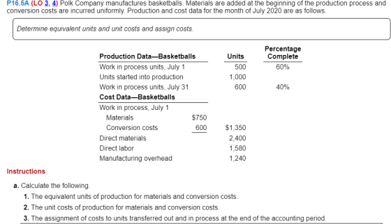 P16.5A (LO 3, 4) Polk Company manufactures basketballs. Materials are added at the beginning of the production process and co