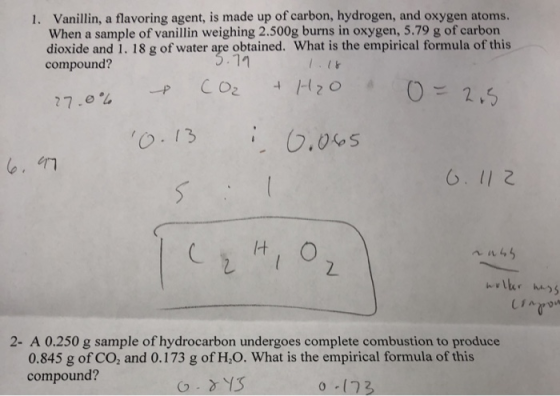 1. Vanillin, a flavoring agent, is made up of carbon, hydrogen, and oxygen atoms. When a sample of vanillin weighing 2.500g b