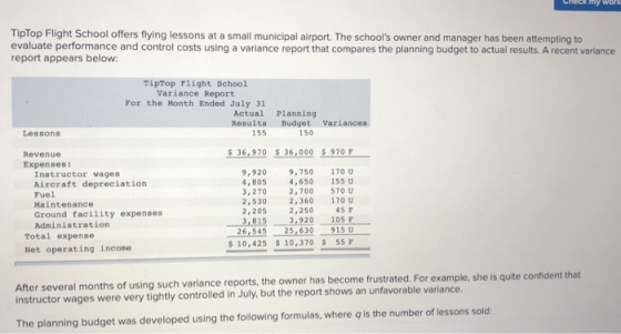 Check my work TipTop Flight School offers flying lessons at a small municipal airport. The schools owner and manager has bee