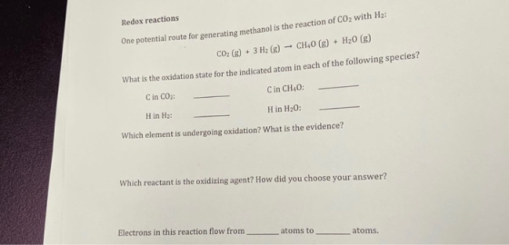 Redox reactions One potential route for generating methanol is the reaction of CO2 with Hz: CO2 (g) + 3 Hz (8) - CH40 (g) + H