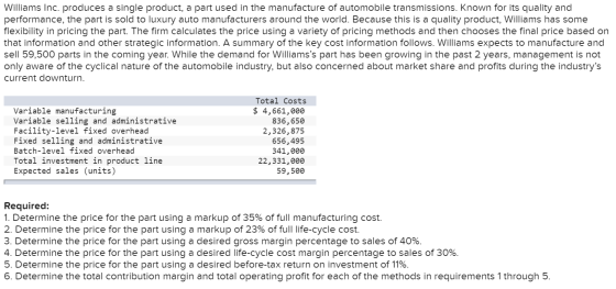 Williams Inc. produces a single product, a part used in the manufacture of automobile transmissions. Known for its quality an