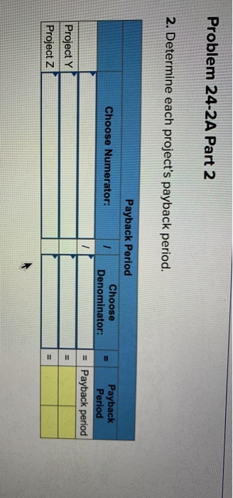 II Problem 24-2A Part 2 2. Determine each projects payback period. Payback Period Choose Payback Period Choose Numerator: De