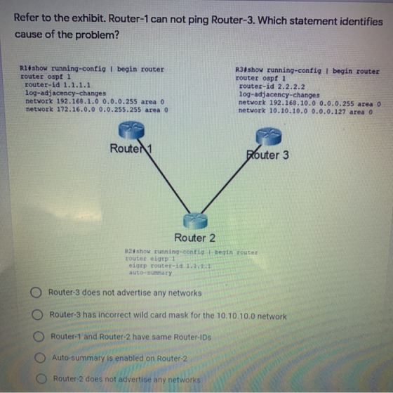 Refer to the exhibit. Router-1 can not ping Router-3. Which statement identifies cause of the problem? Riishow running-config