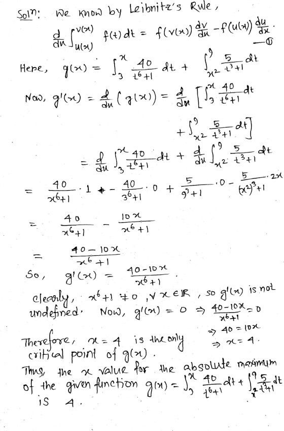 Solni. We know by Leibnitzs Rule, meaning fce)dt = f(vlny and PCulaw) dan Here, gees = 5,40 dtt Now, g() = ( 91x)) = m ( 19