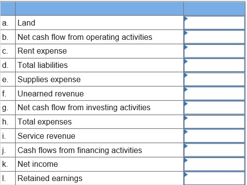 a. Land b. Net cash flow from operating activities c. Rent expense d. Total liabilities e. Supplies expense f. Unearned revenue g. Net cash flow from investing activities h. Total expenses i. Service revenue j. Cash flows from financing activities k. Net income I Retained earnings