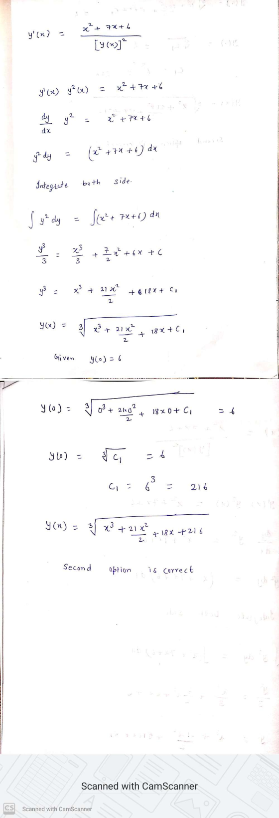 2 x + 72 +6 y(x) = [y (>>] xx2 + 7x + 6 y(x) y²(x) = dy y² x² + 7% + 6 dx - ye dy (x² +74 +6] de Vigo Integrate side. both