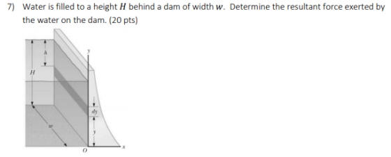 Water is filled to a height H behind a dam of width w. Determine the resultant force exerted by the water on the dam. (20 pts) 7) dy 0