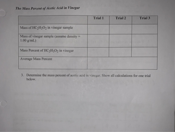 The Mass Percent of Acetic Acid in Vinegar Trial 1 Trial 2 Trial 3 Mass of HC2H302 in vinegar sample Mass of vinegar sample (