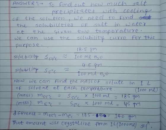 ANSWER 8 To find out how much salt precipitates with cooling of the solution, we need to find ott the solubiuties of salt in