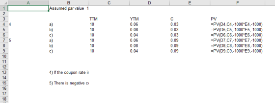 Assumed par value 1 10 10 10 10 10 10 0.06 0.08 0.04 0.06 0.08 0.04 0.03 0.03 0.03 0.09 0.09 0.09 -PV(D4,C4,-1000 E4,-1000) -PV(D5,C5,-1000 E5,-1000) -PV(D6,C6,-1000*E6,-1000) -PV(D7,C7,-1000 E7,-1000) -PV(D8,C8,-1000*E8,-1000) -PV(D9,C9,-1000*E9,-1000) 10 12 13 4) If the coupon rate i 15 16 17 18 5) There is negative oc
