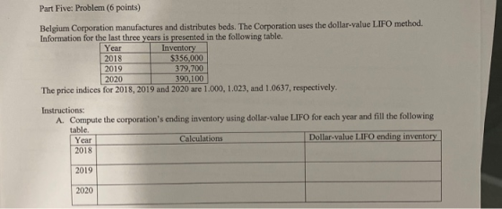 Part Five: Problem (6 points) Belgium Corporation manufactures and distributes beds. The Corporation uses the dollar value LI