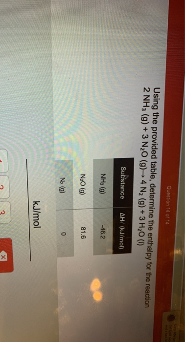 Question 14 0414 Using the provided table, determine the enthalpy for the reaction 2 NH3 (g) + 3 N20 (g) - 4 N2 (g) + 3 H20 (