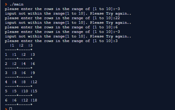 } ./main please enter the rows in the range of [1 to 10]:-3, input not within the range[1 to 10]. Please Try again.. please e