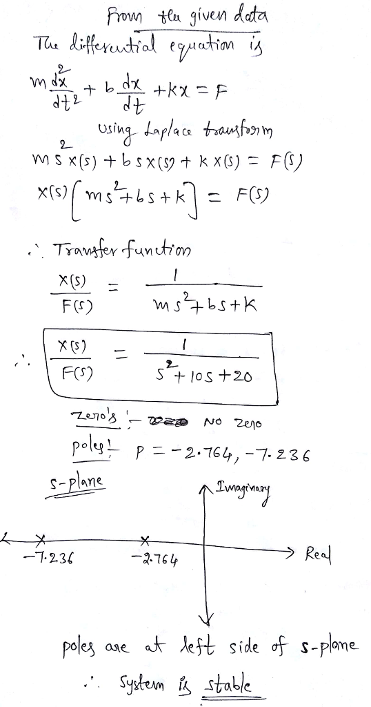 ron ea given dda 2 F(S) x(S) xS) F(S) S t los +20 poly- S-Plane p_-2-764,-7, 236 Real -T23 -2.764 S-Pone sytum stable