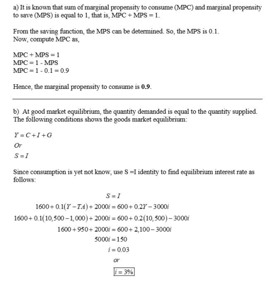 a) It is known that sum of marginal propensity to consume (MPC) and marginal propensity to save (MPS) is equal to 1, that is,