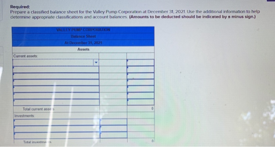 Required: Prepare a classified balance sheet for the Valley Pump Corporation at December 31, 2021. Use the additional informa