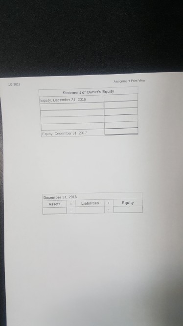 17/2019 Assignment Print View Statement of Owners Equity Equity. December 31, 2016 Equity, December 31, 2017 December 31, 2016 Assets :#! Liabilities