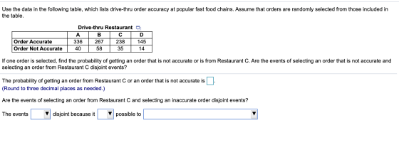Use the data in the following table, which lists drive-thru order accuracy at popular fast food chains. Assume that orders ar