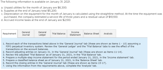 The following information is available on January 31, 2021 a. Unpaid utilities for the month of January are $6,300. b. Suppli