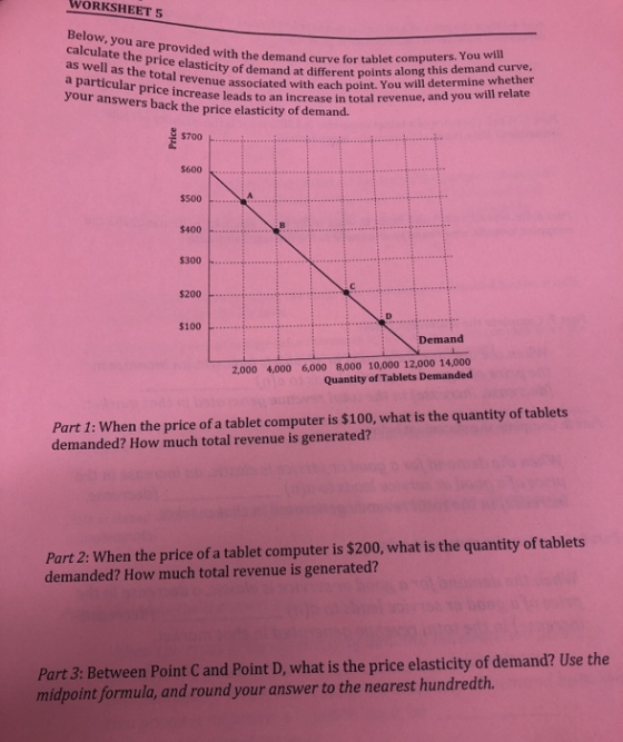 WORKSHEET 5 Below, you are provided with the dema calculate the price elasticity of demand as well as the total revenue assoc