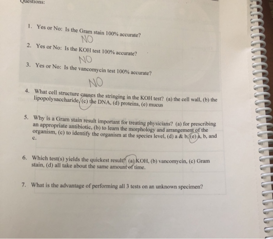 Questions: Yes or No: Is the Gram stain 100% accurate? 1. NO 2. Yes or No: Is the KOH test 100% accurate? NO 3. Yes or No: Is