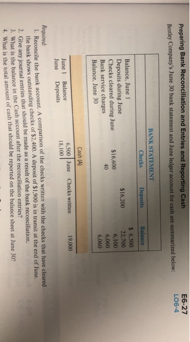 Preparing Bank Reconciliation and Entries and Reporting Cash Bentley Companys June 30 bank statement and June ledger account