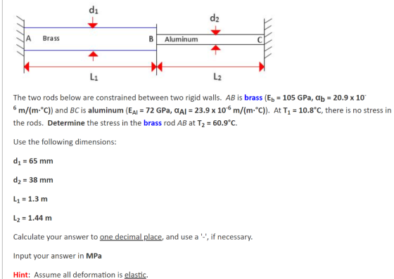 d2 \\\ А Brass B Aluminum Li L2 The two rods below are constrained between two rigid walls. AB is brass (Ep = 105 GPa, ab = 2