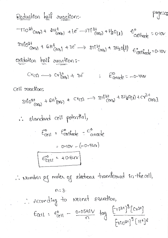 Reduction ball reaction:- page.cz Tio et cag+ Here) +lé Tien) + hy Ou) teatihede 2010, 37102toas + 6H tag] + 3e → video) + 3