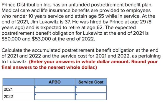 Prince Distribution Inc. has an unfunded postretirement benefit plan. Medical care and life insurance benefits are provided t