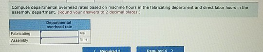 Compute departmental overhead rates based on machine hours in the fabricating department and direct labor hours in the assemb