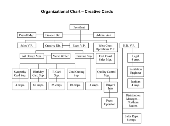 Organizational Chart - Creative Cards President Payroll Mgr. Finance Dir. Admin. Asst. Sales V.P. Creative Dir. Exec. V.P. H.