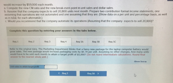 would increase by $59,000 each month a Compute the new CM ratio and the new break-even point in unit sales and dollar sales.