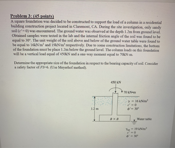 Problem 3: (45 points) A square foundation was decided to be constructed to support the load of a column in a residential bui