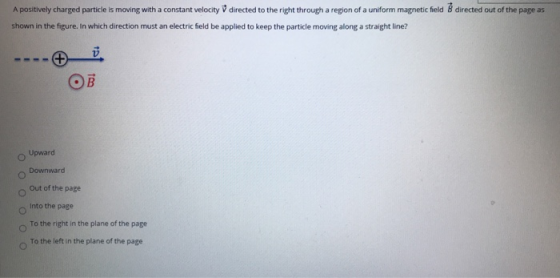 A positively charged particle is moving with a constant velocity directed to the right through a region of a uniform magnetic
