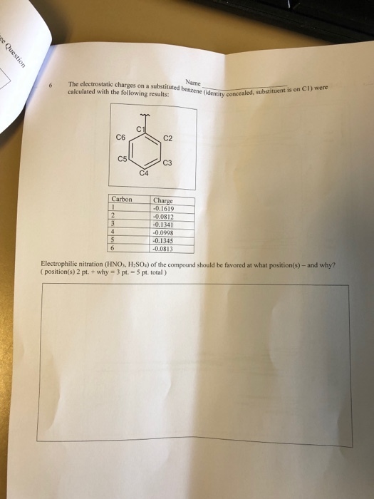 Name 6 The electrostatic charges on a substituted benzene (identity concealed substituent is on CI) were calculated with the following results: C2 C5 C3 C4 Carbon Charge -0.1619 0.0812 -0.1341 0,0998 -0.1345 -00813 Electrophilic nitration (HNO, H SO.) of the compound should be favored at what position(s) - and why? (position(s) 2 pt.+why 3 pt. 5 pt. total)