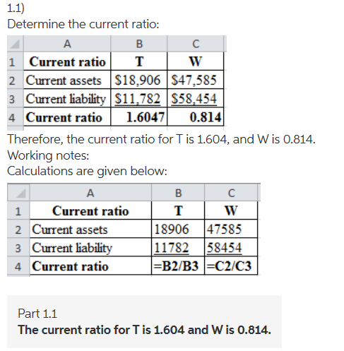 1.1) Determine the current ratio: А в с 1 Current ratio T W 2 Current assets $18.906 $47,585 3 Current liability $11.782 $58.