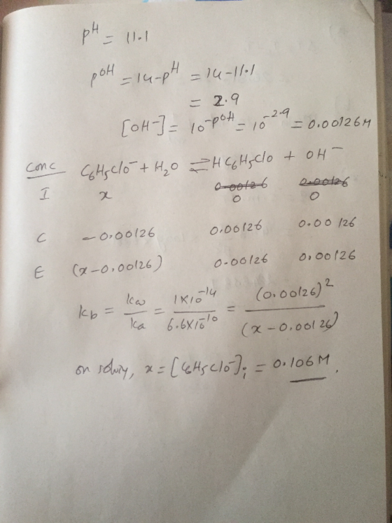 pH = 11.1 poH_14.pH = 14-161 = 2.9 [OH-] = lopott_ 1029 = 0.001264 Conc Cataclo- +HO ZHCG H, Clo + oH 000126 I x 0.00 126 0.0