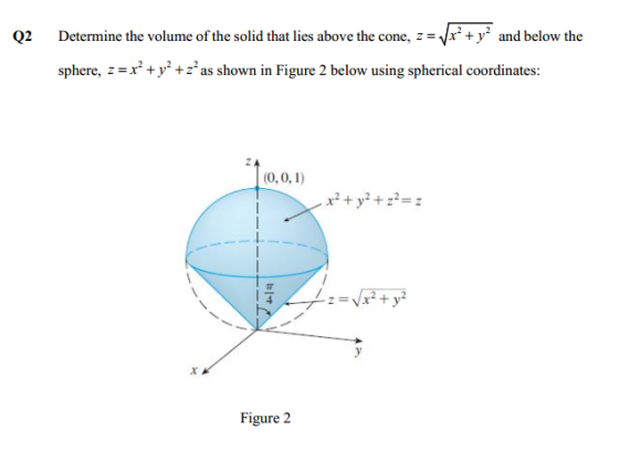 Q2 Determine the volume of the solid that lies above the coe, and below the sphere, +y*+ as shown in Figure 2 below using s