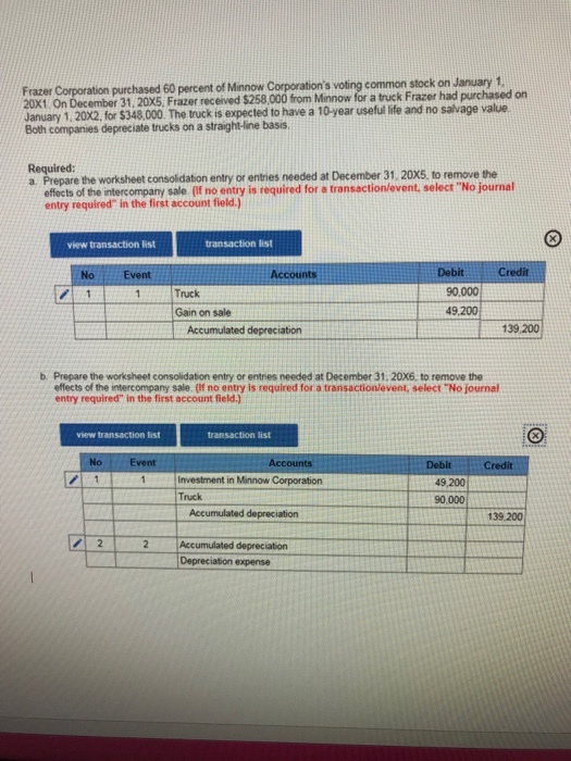 Frazer Corporation purchased 60 percent of Minnow Corporations 20X1 On December 31, 20X5, Frazer received $258,000 from Minnow for a truck Frazer had purchased on January 1, 20X2, for $348,000. The truck is expected to have a 10-year useful life and no salvage value Both companies depreciate trucks on a straight-line basis voting common stock on January 1, Required: a. Prepare the worksheet consolidation entry or entnies needed at December 31. 20X5, to remove the effects of the intercompany sale (if no entry is required for a transactionlevent, select No journal entry required in the first account field.) view transaction list NoEvent DebitCredit Truck 90,000 Gain on sale 49.200 Accumulated depreciation 139.200 b Prepare the worksheet consolidation entry or entnes needed at December 31. 20x6, to remove the effects of the intercompany sale (f no entry is required for a transactionievent, select No journal entry required in the first account field.) view transaction list transaction list No Event Debit Credit Investment in Minnow Corporation Truck 49,200 90,000 Accumulated depreciation 139 200 Accumulated depreciation Depreciation expense