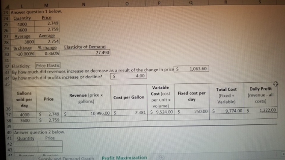 2 L M 23 Answer question 1 below. 24 Quantity Price 25 4000 2.749 26 3600 2.759 27 Average Average 3800 2.754 29 % change % c