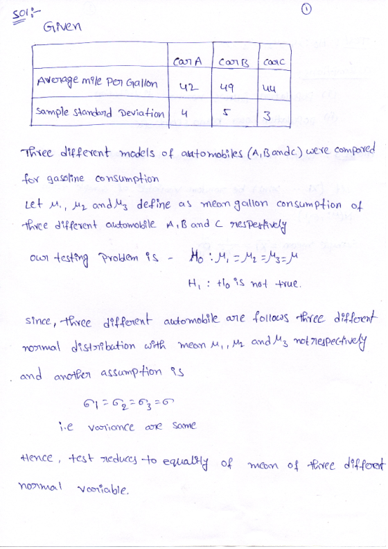 S01E- Given cara carr carc Average mile per Gallon | 42 4q Luu Sample standard deviation / u Three different models of automo