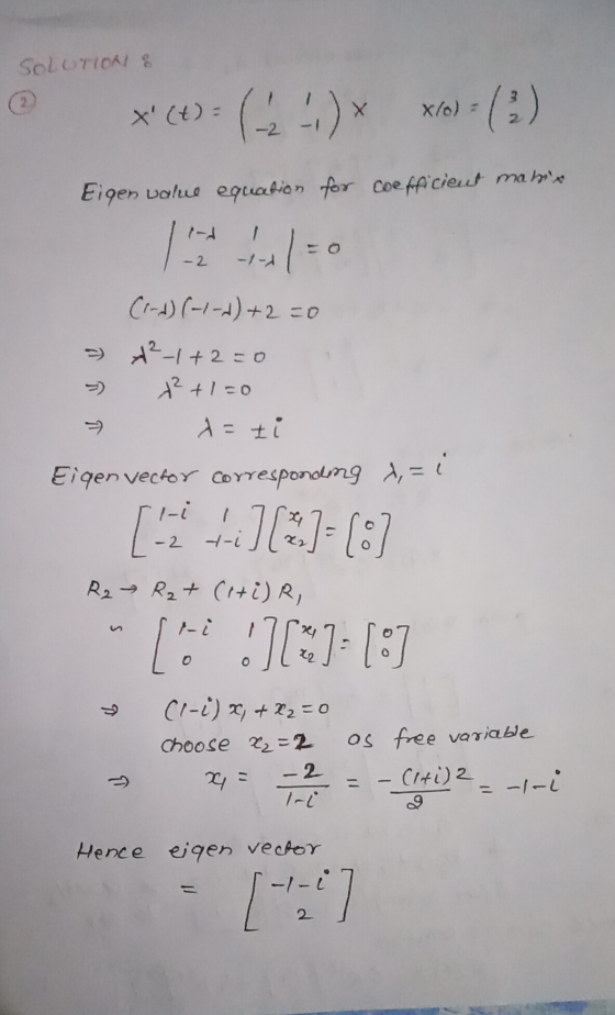 SOLUTION 8 X (t)= x/0) (2) Eigen value equation for coefficient mabis -2 (1-2) (-1-1)+2=0 - ²-1+2=0 2+1=0 d=ti Eigen vector