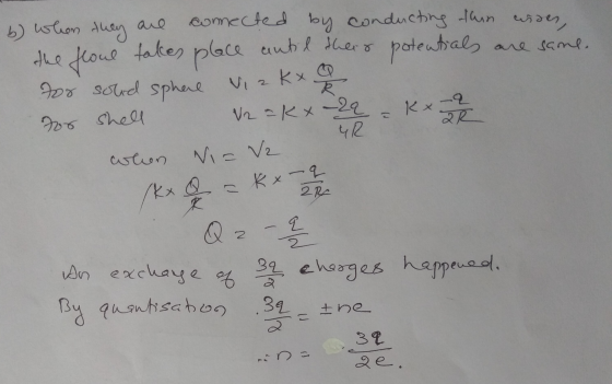are b) whom kx they connected by conducting thin curses, the floul takes place antil their potentials are same. for solid sph