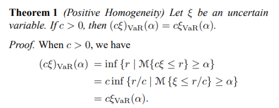 Theorem 1 (Positive Homogeneity) Let ξ be an uncertain variable. Ifc > 0, then (c5)VaR(aVaR(a). Proof. When c > 0, we have (c)VaR(a)inf r 2 a) - cVaR(a)