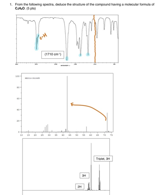 1. From the following spectra, deduce the structure of the compound having a molecular formula of C4H,O. (5 pts) (1710 cm) 1
