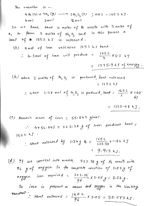 Tu Yeahon л – 4 fe (s) + 302 () -72,0,($) OH -1652 kJ. 1 4 mol amol amol So we have that 4 moles of for reacts with 3 moles o