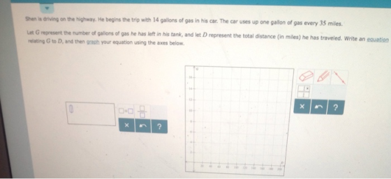 Shen is driving on the highway. He begins the trip with 14 galons of gas in his car. The car uses up one gallon of gas Let G represent the number of gallons of gas he has left in his tank, and let D represent the total distance (in miles) he has relating G to D, and then graph your equation using the axes below.