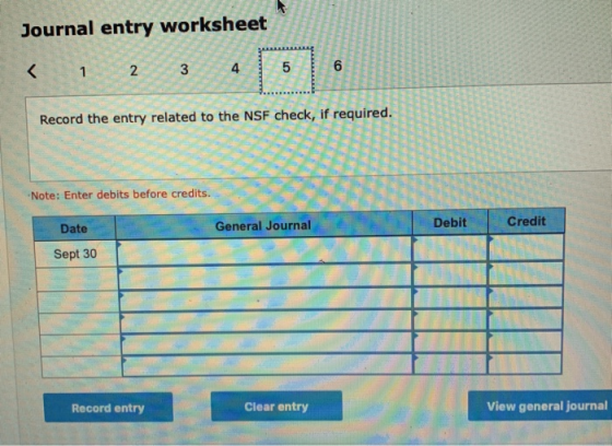 Journal entry worksheet 6 5 K 3 2 1 Record the entry related to the NSF check, if required. Note: Enter debits before credits