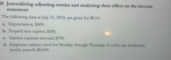 28 Journalizing adjusting entries and analyzing their effect on the income statement The following data at July 31, 2018, are